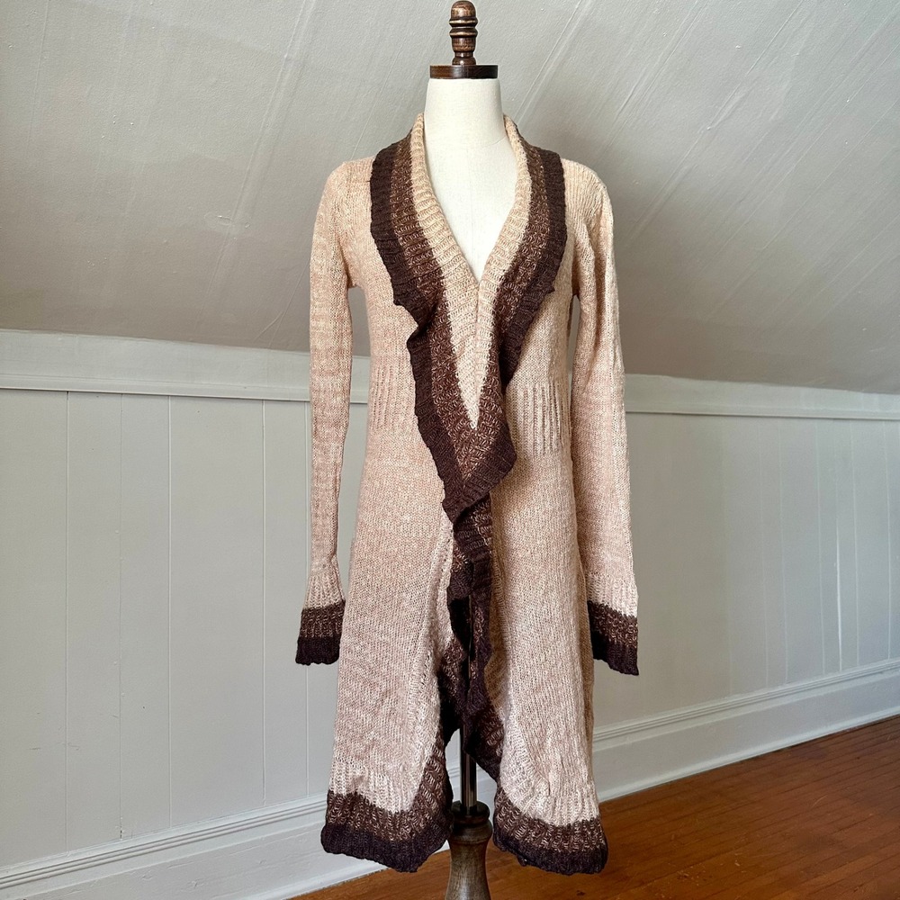 Allison Brittney Women's Cardigan Sweater‎ Knit Ruffle Duster Beige XL